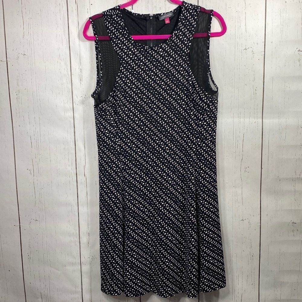 Vince Camuto Sleeveless Fit Flare Dress Mesh Detail Black White Stretchy Size L